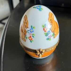 Limoges Porcelain Bunny Egg Trinket Box in White and Orange with Floral Motifs